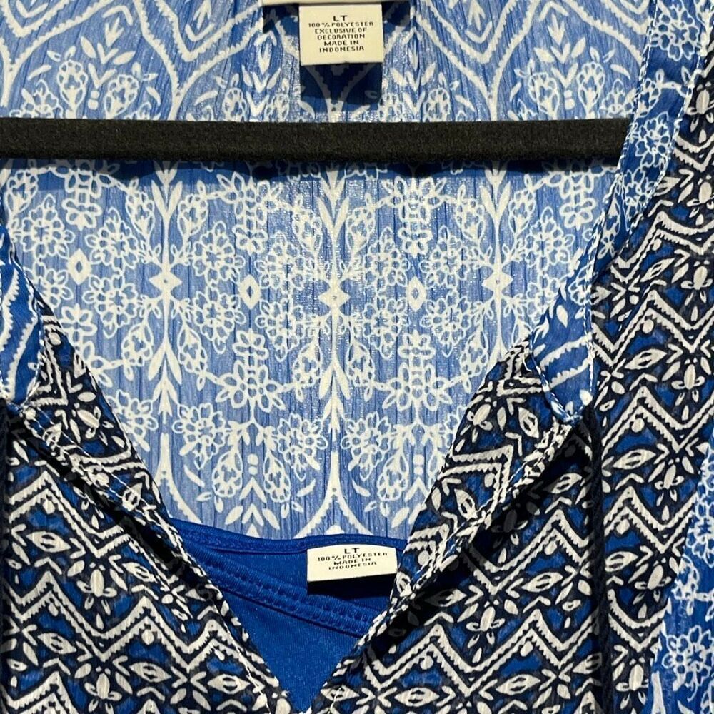 Liz Claiborne Womens Blue Tassel Tie Neck Tunic Sleeveless 2 in 1 Top Large Tall - Picture 6 of 12